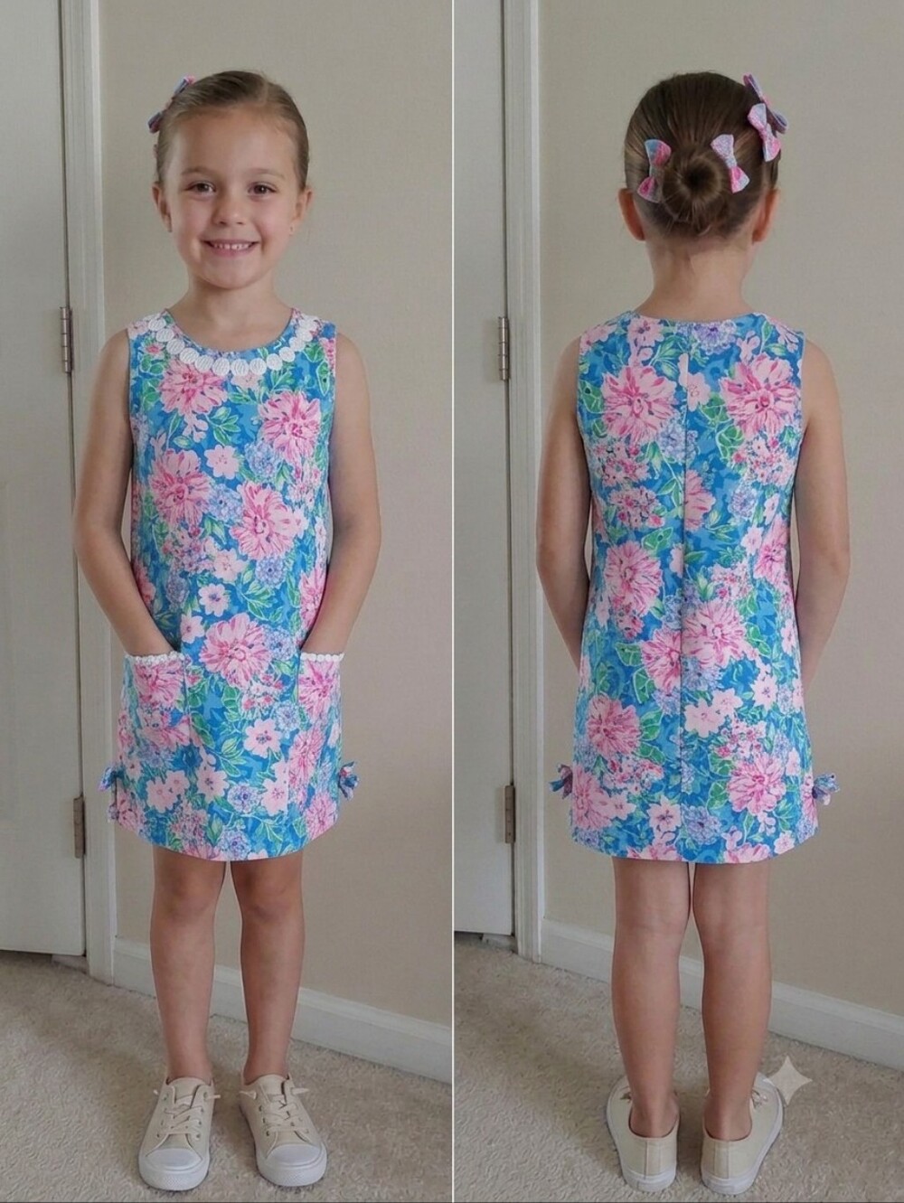 Lilly Pulitzer Blue Floral Shift Dress with Pink Blooms Girls Size Xl (12-14)